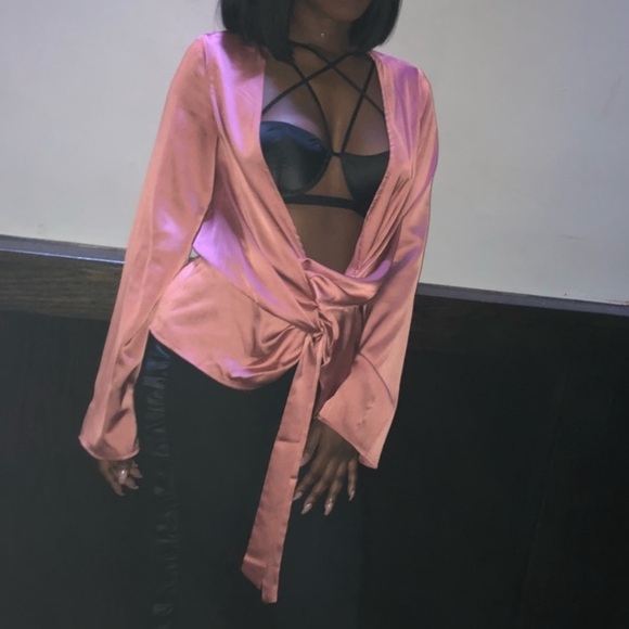 Missguided Tops - Missguided Pink Wrap Twist Long Sleeve Blouse Size 4